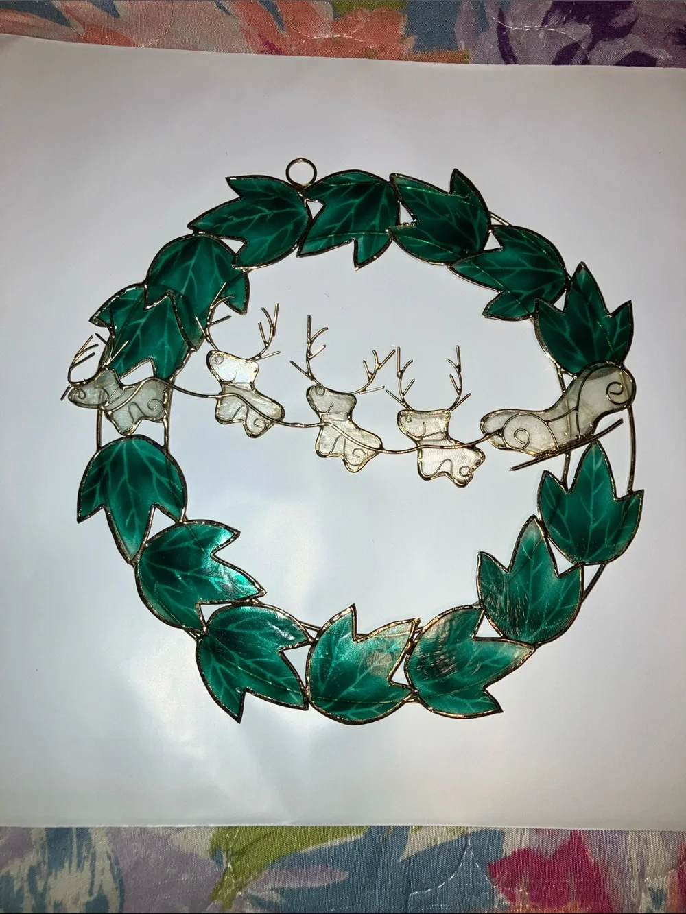 Capiz Shell Vintage Green Leaf Wreath with Gold Reindeer Garland 7”
